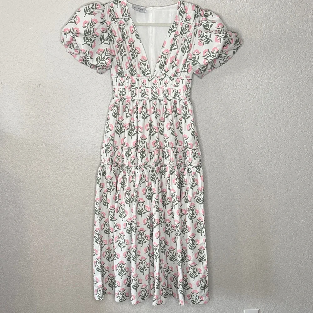 Fancy D White Tiered Floral Puff Sleeve Garden Party Midi Maxi Dress Size Small - Picture 2 of 8